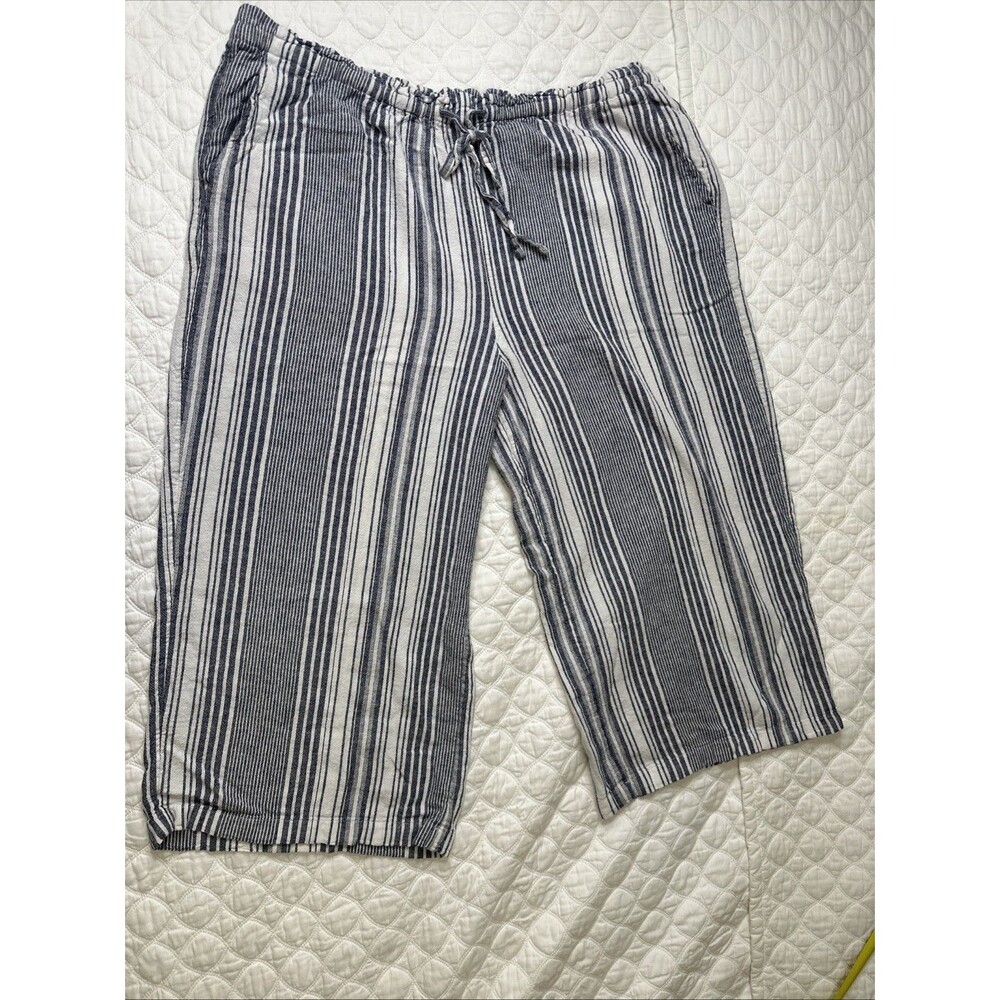 Linen Blend Size 20 Crop Pull On Pants Wide Leg Coastal Beach Striped Blue/white